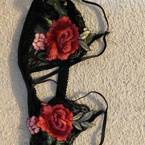 Black flower embroidered bralette